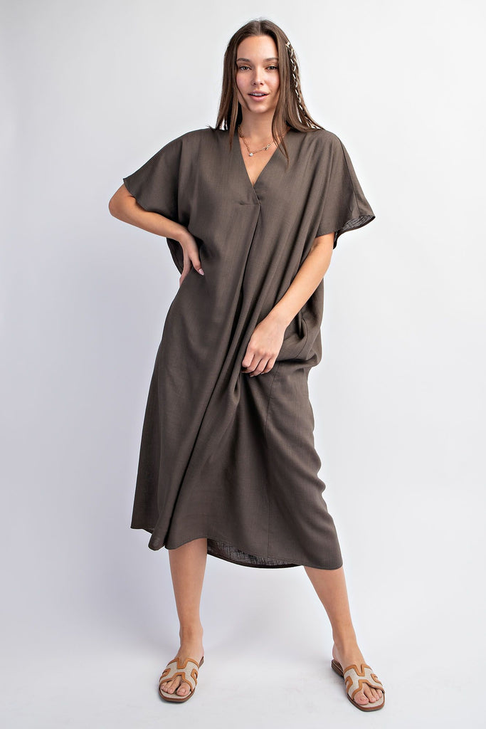 Short Sleeve Poly Linen Maxi Kaftan Dress
