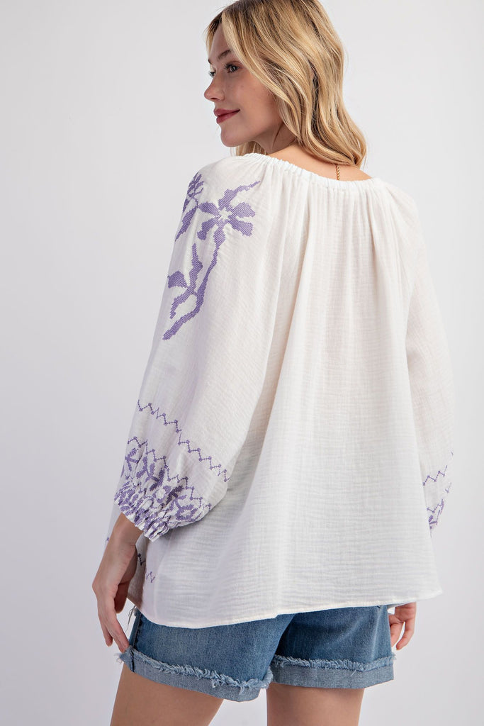 Long Sleeve Gauzy Cross Stitched Top
