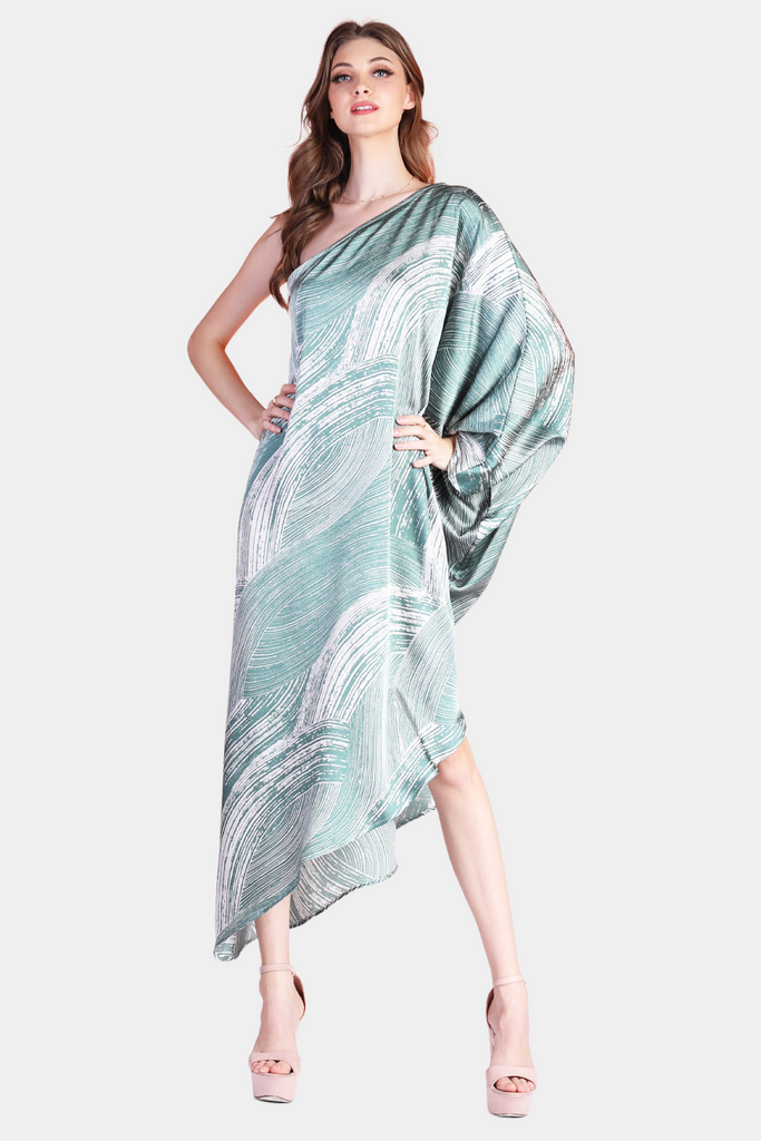 Barcelona Satin Asymmetrical One Sleeve Dress in mint from Love, JUDE Clothing