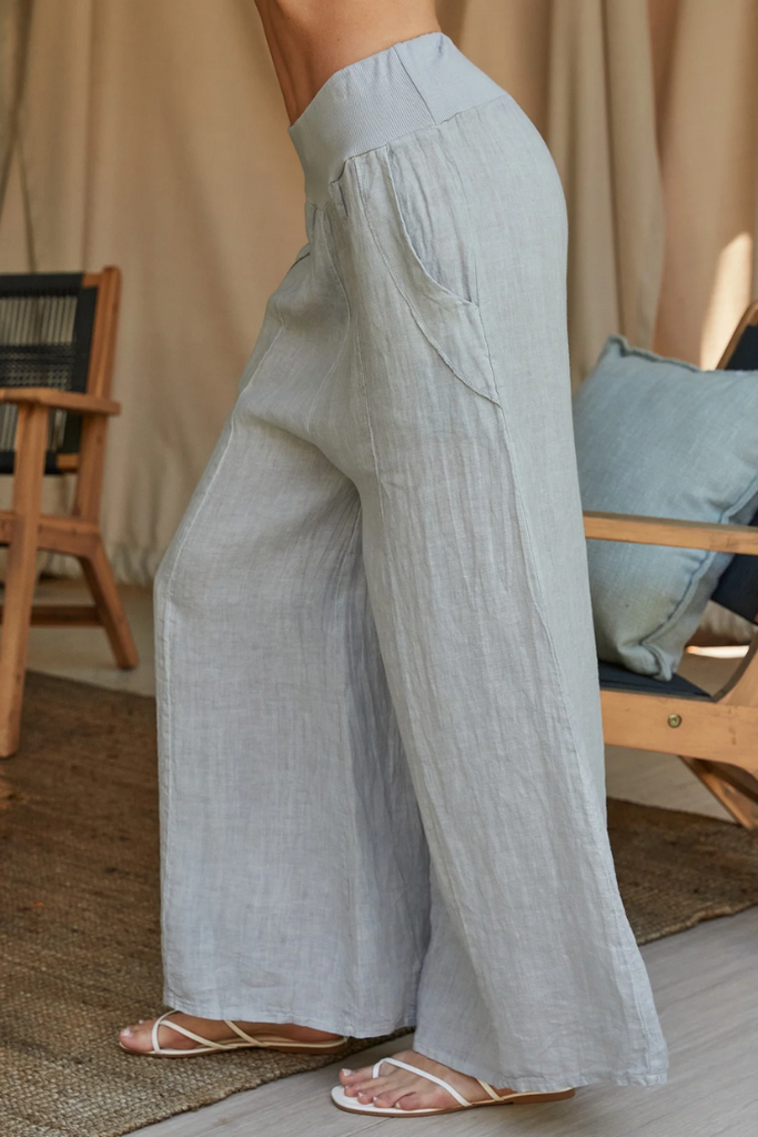 Stitch Detail Wide Leg Linen Pants